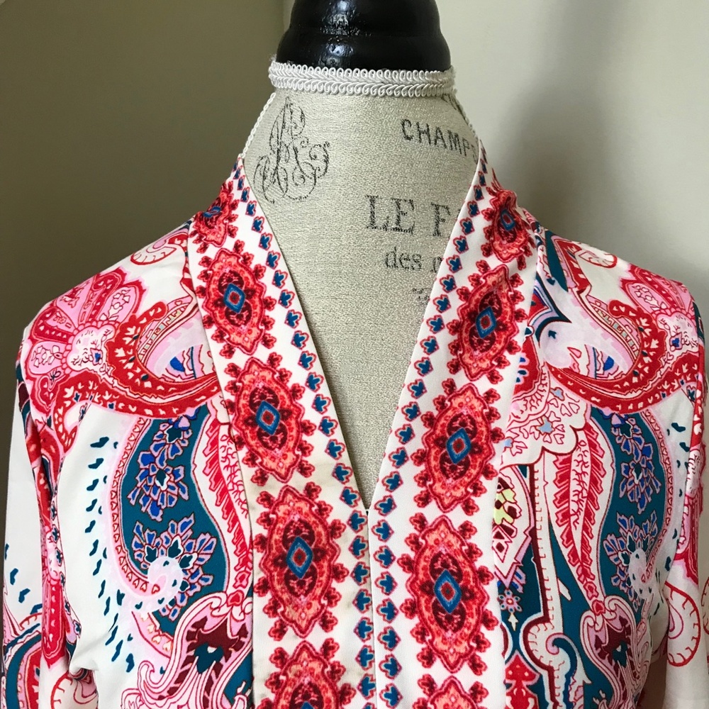 NWT Goodnight Macaroon Lola Dress Womens Small Red Blue Long Sleeve V-Neck Belt - Picture 5 of 12